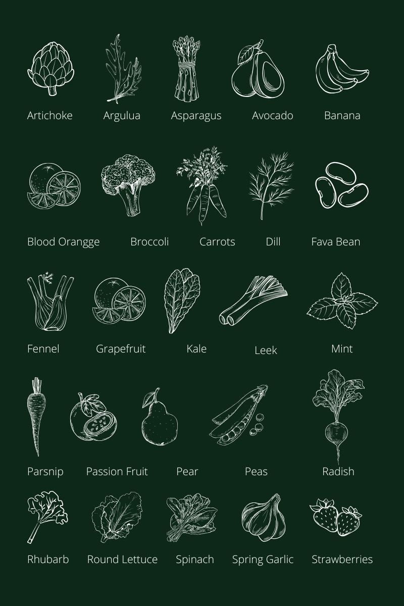 Hand-drawn illustration of seasonal spring produce, including asparagus, strawberries, avocado, broccoli, and more, on a dark green background. Perfect for sustainable eating and seasonal food guides.