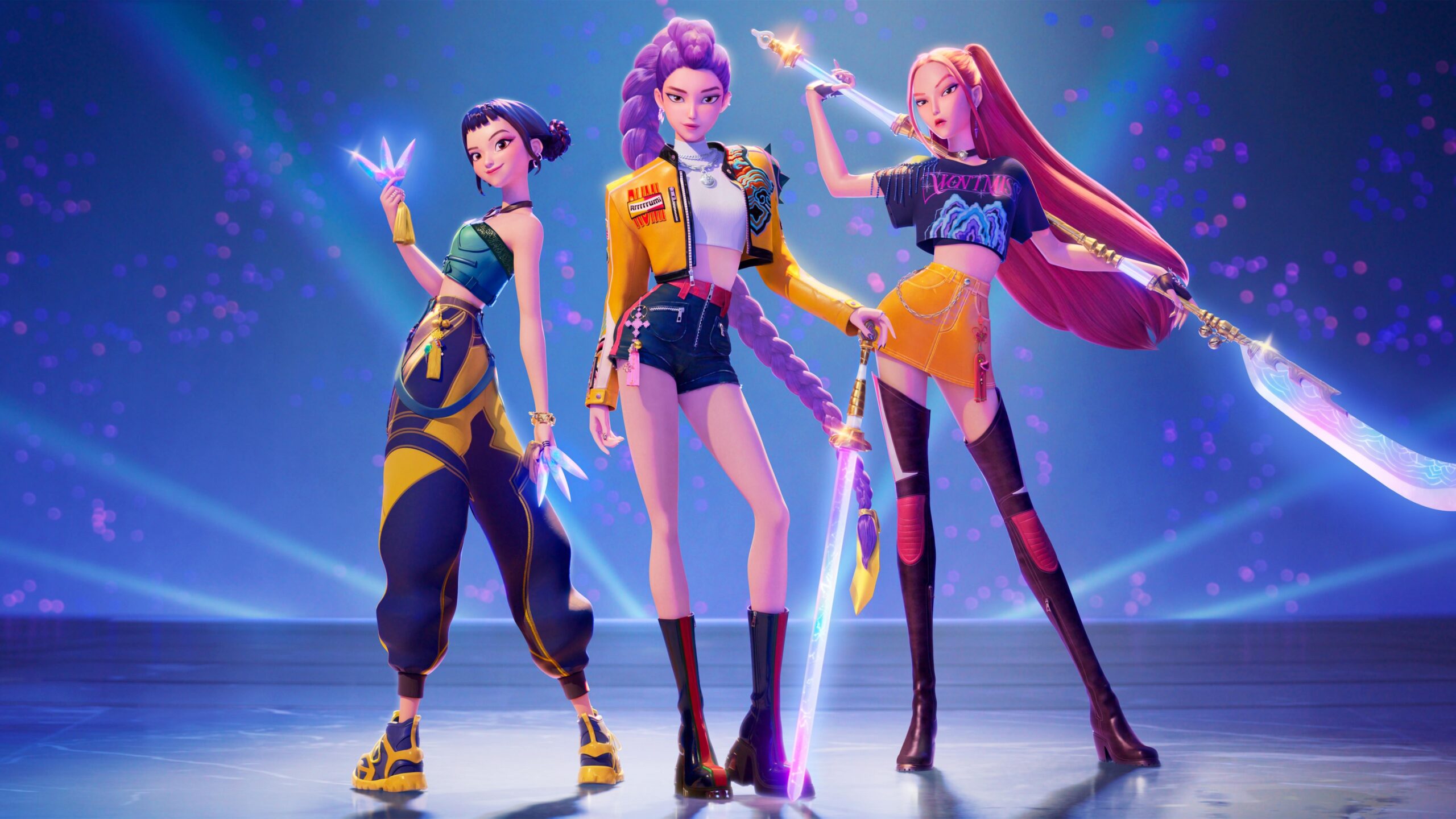 Kpop Demon hunters main poster, Rumi with her long purple braided hair in the center, Mira to her right holding a sword with long pink hair and Zoe on the left with her daggers striking a pose.