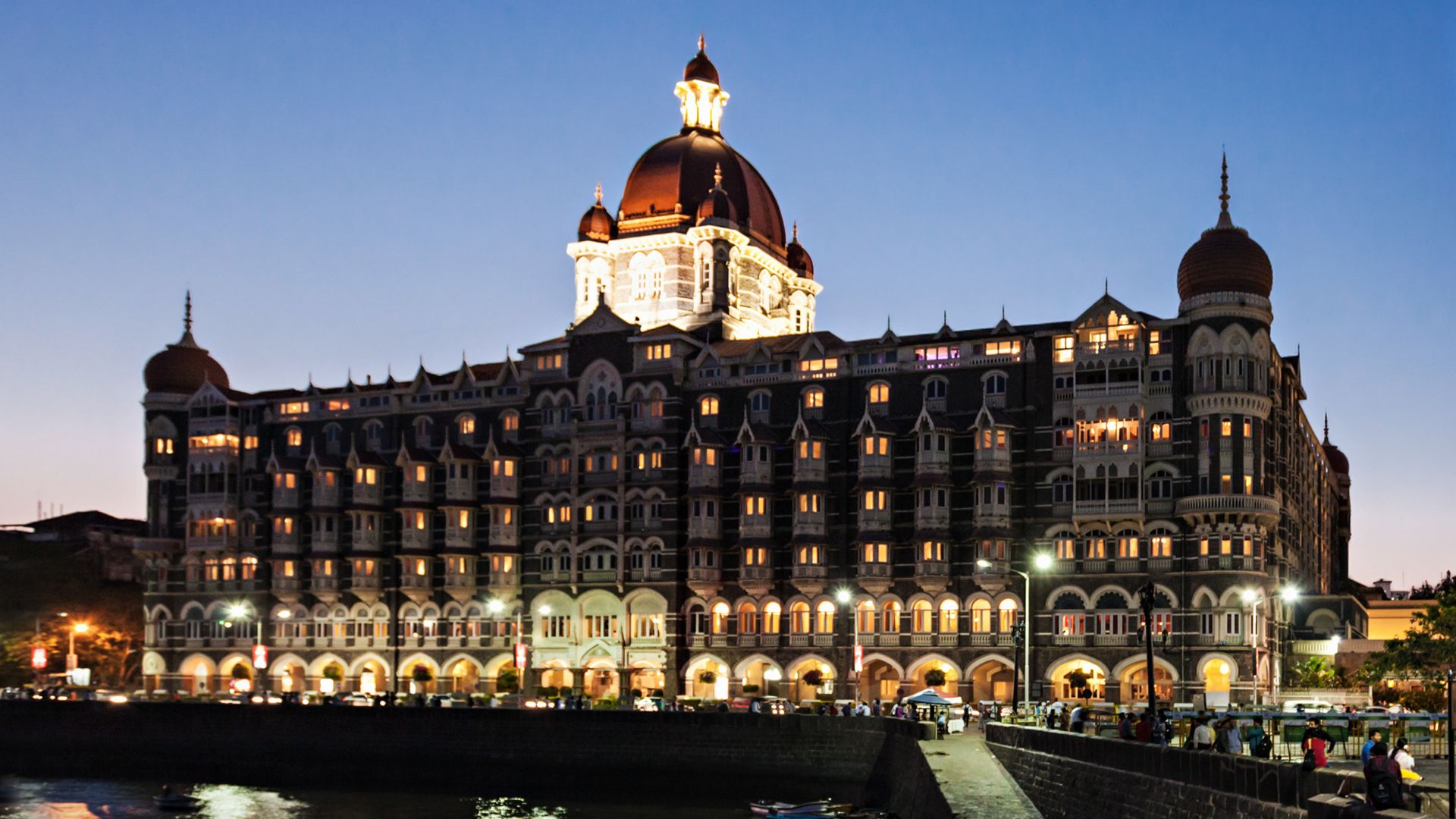 Photo just after sunset of the Taj Mahal Palace Hotel in Mumbai India.